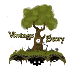 A floating tree with a clock in the middle and the words 'Vintage Story' on either side respectively