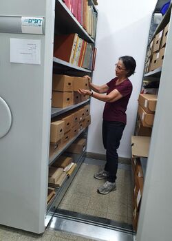 Archivist retrieves files from mobile storage rack at Kibbutz Lochamei Hagetaot