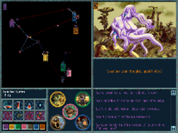 An image of the Ascendancy galaxy planets and star lanes. To the right sits a picture of the species being contacted and several dialog options.