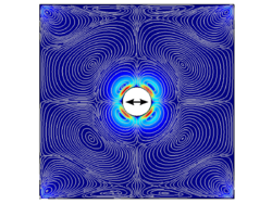 A white circle surrounded by a field of blue rippling patterns