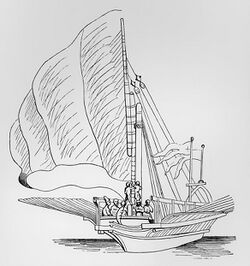 Drawing of a galley from the front with oared raised and the crew raising the front mast spar to a vertical position