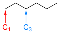 The skeletal formula of hexane, with carbons number one and three labelled