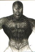 Concept art for Venom's costume, which is a black-white version of Spider-Man's suit, but more muscular and with an open mouth with sharp teeth
