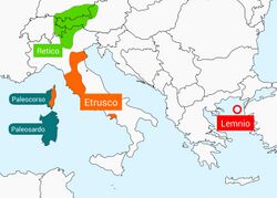 Area of Tyrsenian languages (Rhaetian, Etruscan, Lemnian), Paleo-Corsican and Paleo-Sardinian languages..jpg