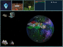 An image of a planet with an overlay grid of colored squares. Beside the planet sit cartoons representing orbital structures.