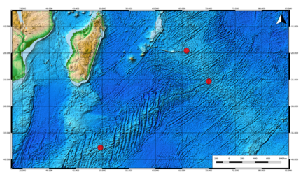 Bathymetric map of southeastern Indian Ocean showing three localities.
