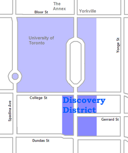 The area on University Avenue is the core of the Discovery District. The campus of the University of Toronto to the north can also be included