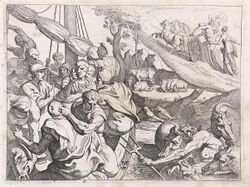 Odysseus' men eat the sacred oxen of the sun as his daughter informs him engraving.jpg