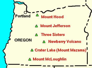 The Three Sisters are in a north–south row of major volcanoes in Oregon. From north to south: Mount Hood, Mount Jefferson, Three Sisters, Crater Lake, and Mounth McLoughlin. Newberry Volcano is displaced to the east, between Three Sisters and Crater Lake