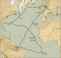The route makes the shape of a figure eight going west from Europe across the North Atlantic to North America, then south to Bermuda, west to Cape Verde, south to Ascension, back west to the mouth of the Amazon River, and then back up north and east to Europe.