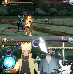 Two characters from a game facing a boss in the top and two executing a quick time event in the bottom