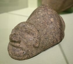 Three-pointed sculpture with carved face (zimi), Taino Culture, Puerto Rico, c. 1000-1494 AD, stone - Fitchburg Art Museum - DSC08790.JPG