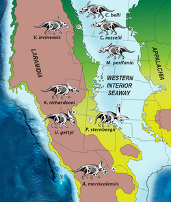 Map showing dinosaur skeletons distributed across western North America