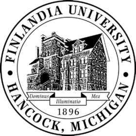 Seal of Finlandia University, depicting the Old Main building and the Latin motto 'Dominus Illuminatio Mea'