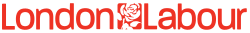 Red on white word "Labour" in sans-serif font to the right of white on red silhouette of a rose