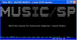 A terminal window showing white text on a black background. An ASCII art logo reads MUSIC/SP and is captioned below as Multi User System for Interactive Computing / System Product.