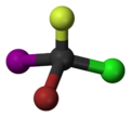 Ball and stick model of bromochlorofluoroiodomethane (R)