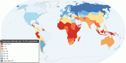 Global physician density map - WHO 2010.png