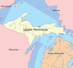 This map shows the Upper Peninsula of Michigan as a pale yellow.