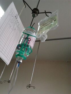 Photograph of two intravenous solution bags (containing glucose and levofloxacin, respectively) and a paper log sheet hanging from a pole.