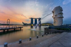 Rear view of the Merlion statue at Merlion Park, Singapore, with Marina Bay Sands in the distance - 20140307.jpg