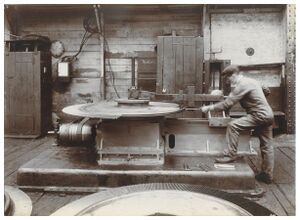 Wallsend Slipway Worker Operating Turbine Blading Machine. Original photo is in Tyne & Wear Archives.