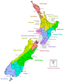 A map of New Zealand divided into regions and territorial authorities with labels