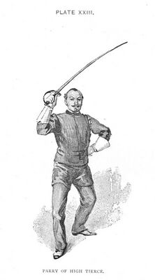 The tierce parry in sabre (from Hutton 1889)[4]