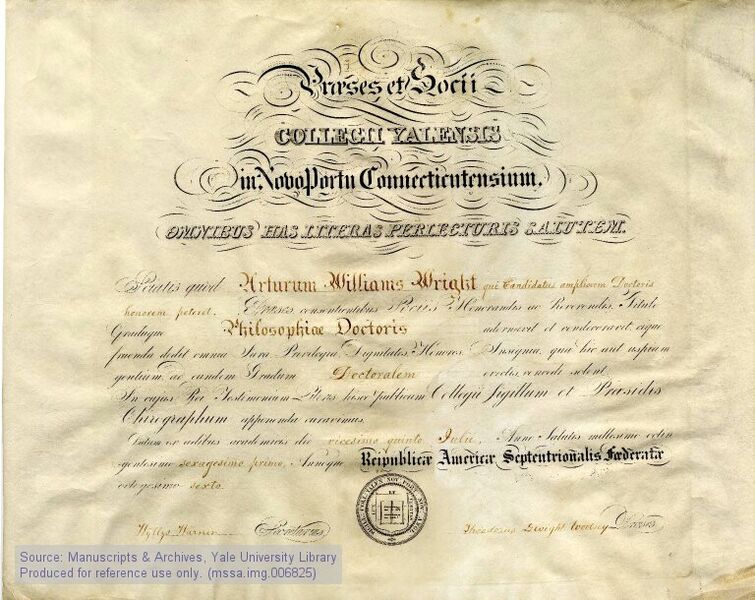 File:Ph D diploma Arthur William Wright Yale University 1861.jpg