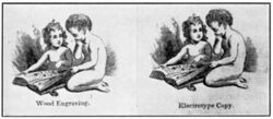 Two similar images, each showing 2 children reading a magazine. One child is seated on a floor and holds the magazine; the second child is kneeling. The left image has the description "Wood Engraving." underneath it; the right image has the description "Electrotype Copy." underneath it. The two images are nearly identical.
