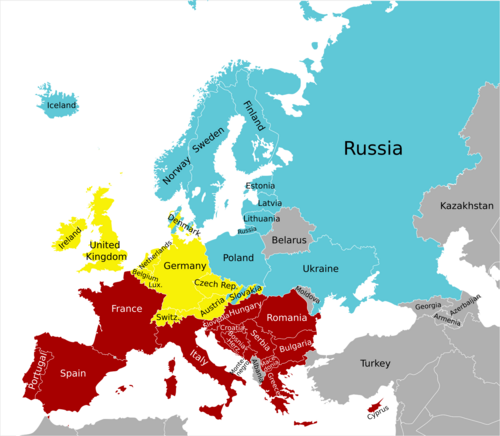 Map of Europe with individual countries grouped into three regions by dominant patterns of alcohol consumption and traditionally preferred types of alcoholic beverage