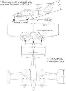 3-view line drawing of the Cessna 320F Executive Skyknight