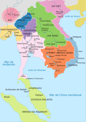 Territory of Champa (light blue) after 1306, neighboring Đại Việt (dark pink) and the Khmer Empire (orange), after the marriage of princess Huyền Trân and king of Cham Jaya Simhavarman III.