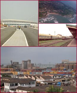Top left picture: Arterial road and highway with the Sekondi-Takoradi Stadium, First top right picture: Shoreline of Sekondi-Takoradi, Second top right picture: Railway station of Sekondi-Takoradi, Bottom picture: Sekondi-Takoradi harbour with intermodal containers and private housing estates.