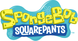 The series' logo. It features the word "SpongeBob" written in a yellow sponge-like font, with the word "SquarePants" written below in a white font on a blue wooden board. A light blue splash of water is behind the words.