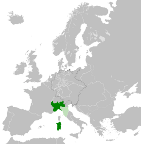 Kingdom of Sardinia in 1859; client state in light green