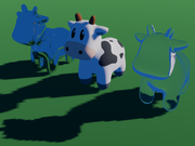 3D rendered image showing three copies of a cartoon cow. The one on the left has a mirror surface, and the one on the right uses a transparent glass material. The shadows of the cows are blocky (like blurry pixels) due to low quality settings in the renderer.