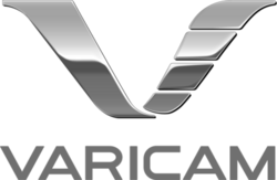 Logo for Varicam, accompanied by "VARICAM" text below logo. The logo is a stylized capital "V", colored sliver.