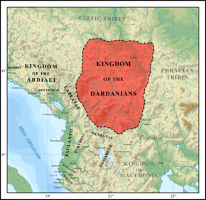 Approximate extent of the Kingdom of the Dardanians, late 3rd century BC, prior to their conquest of Paeonia and Macedonia.