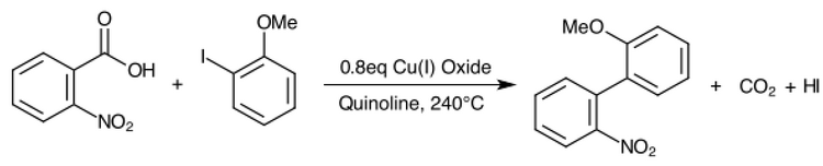 First reported decarboxylative Ullmann coupling (Nilsson, 2005)
