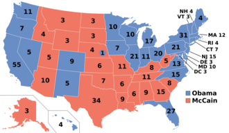 Electoral college map, depicting Obama winning many states in the Northeast, Midwest, and Pacific West, and Florida, and McCain winning many states in the South and Rocky Mountains.