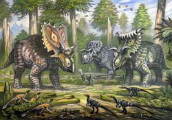 Three large horned dinosaurs in a forest, with small feathered dinosaurs in the foreground