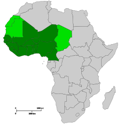 Map of the African continent, with green highlights around the lower western peninsular