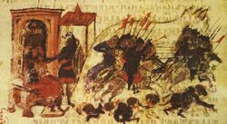Medieval illustration showing cavalry sallying from a city and routing an enemy army