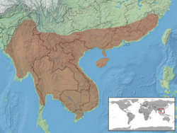 Map of southeastern Asia, showing a highlighted range (in brown) covering Burma to Vietnam and southern China