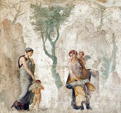 Eros brought by Peitho to Aphrodite as Anteros laughs at his being punished for having chosen the wrong target, Pompeiian fresco, circa 25 BCE (28298194699).jpg