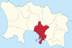 St Helier highlighted on a map of the parishes of Jersey