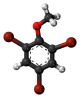 Ball-and-stick model of the 2,4,6-tribromoanisole molecule
