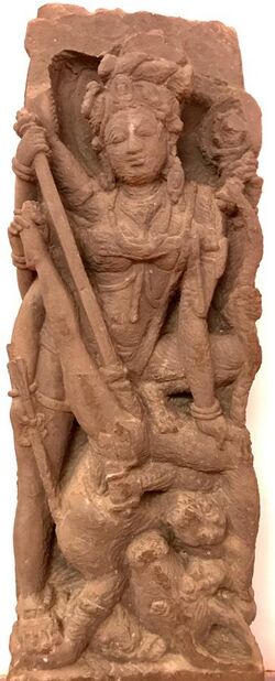 8th - 9th century Durga Mahishasuramardini killing the buffalo demon, Hindu temple ruins Sirpur Chhattisgarh 1.jpg