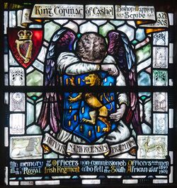 Dublin St. Patrick's Cathedral North Transept Window King Cormac of Cashel Detail Irish Royal Regiment 2012 09 26.jpg